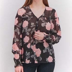 Guess Black and Pink Floral Sheer Long Sleeve Blouse Large